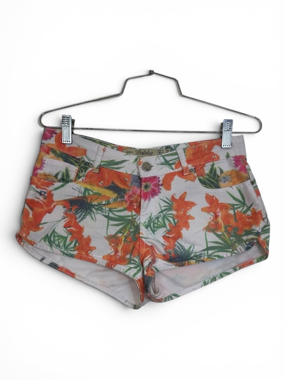 Zara Trafaluc White Denim Shorts With Floral Pattern M